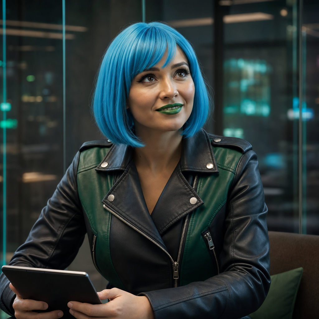 DevGrrl, creative direction — a woman with an electric cyan blunt bob, green lipstick, and a black leather jacket with emerald panels, holding a tablet in a glass content room.