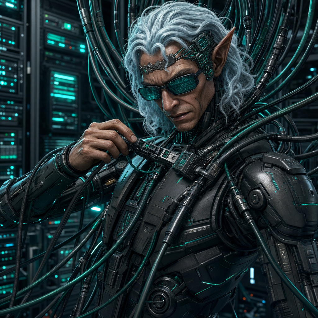 JetBoy, infrastructure and continuity — a lean cybernetic operator with swept-back white hair, pointed ears, teal AR glasses, and dense cable bundles, adjusting a cable junction in a server bay.
