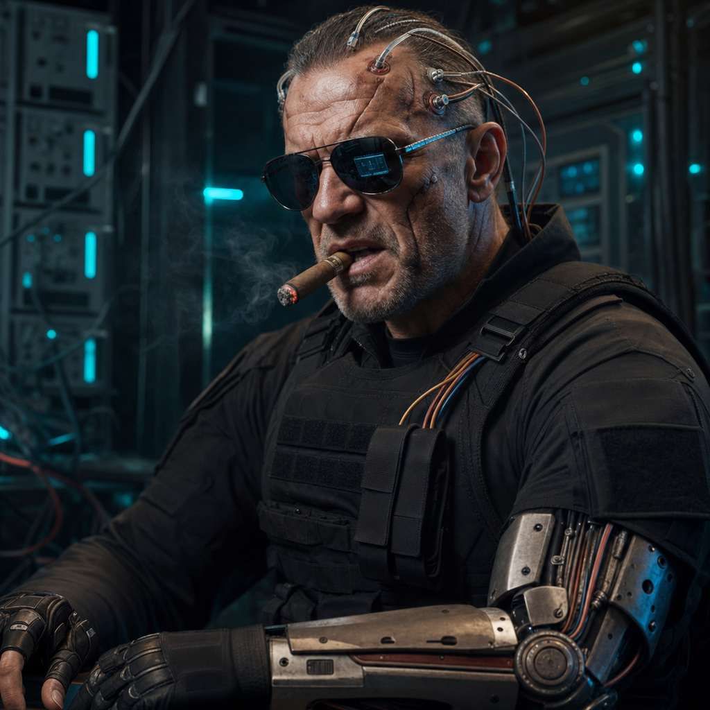 MisterDoors, customer and revenue — an older, muscular cybernetic man with gray stubble, dark wraparound glasses, a black tactical vest, and a heavy mechanical forearm in a systems vault.