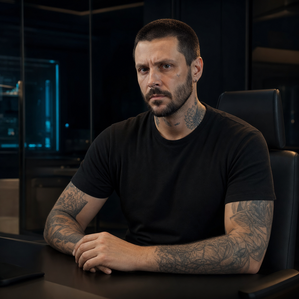 Patrick Grabbs, founder — a man with short dark hair, a close-cropped beard, and neck and forearm tattoos, in a black crew-neck shirt at a dark command desk.
